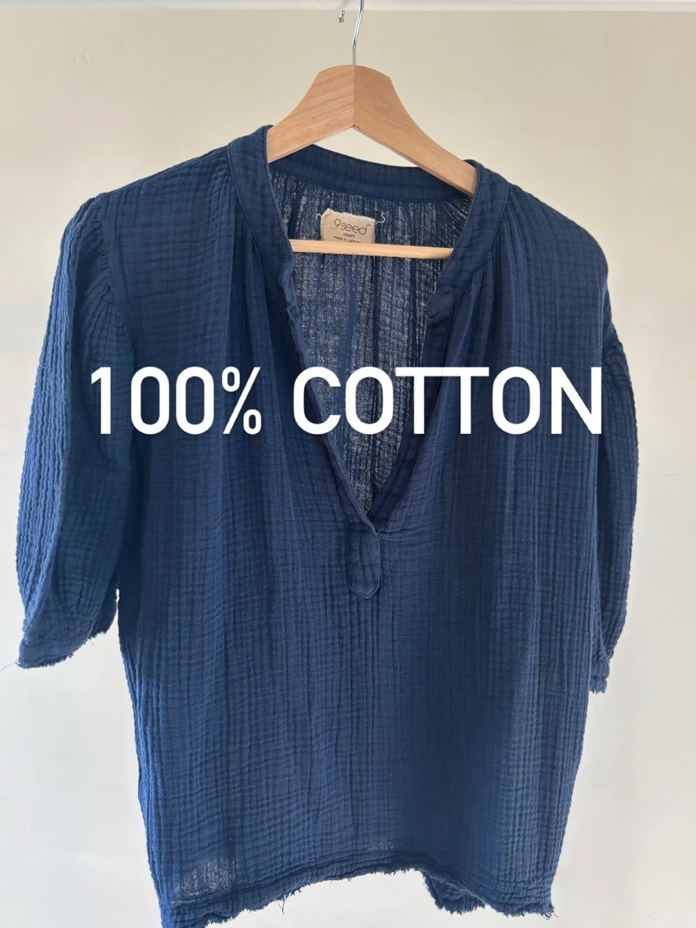 100% Cotton Navy Cotton Gauze Shirt | Navy Blue | Deep V Neck